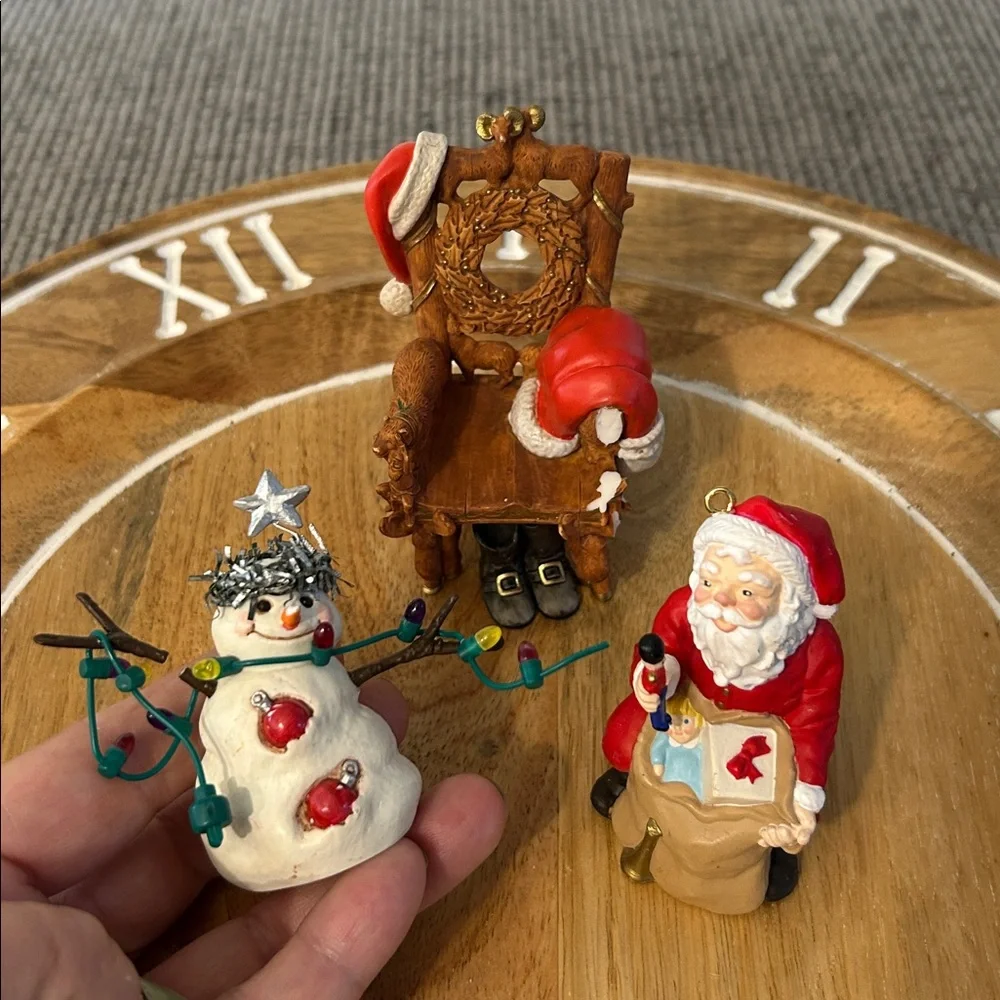 Hallmark Christmas tree ornament trio: 1991 Santa, 2000 chair, 2001 snowman